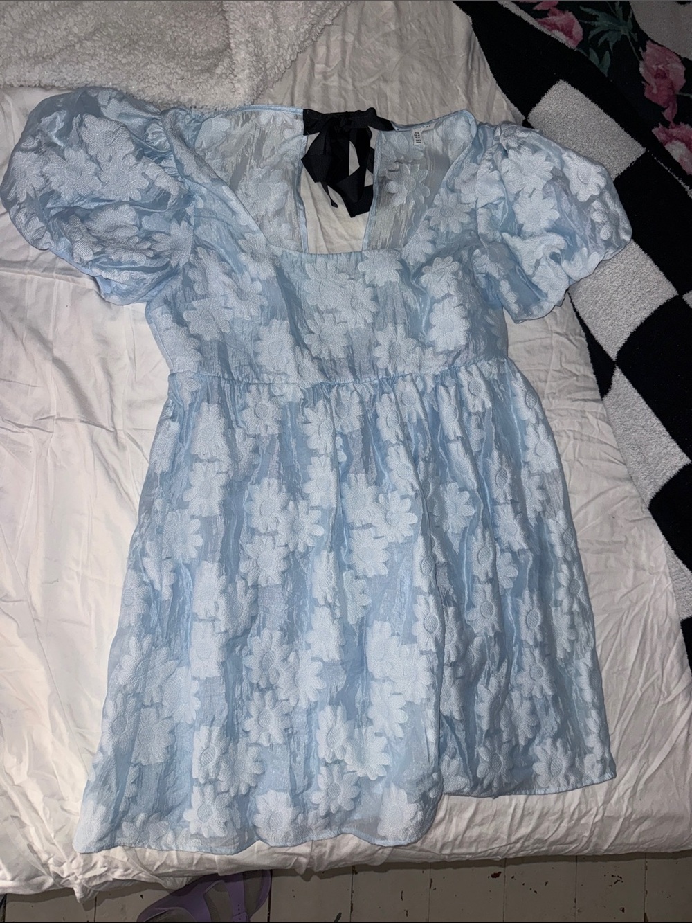 Topshop Light Blue Floral Puff-Sleeve Dress